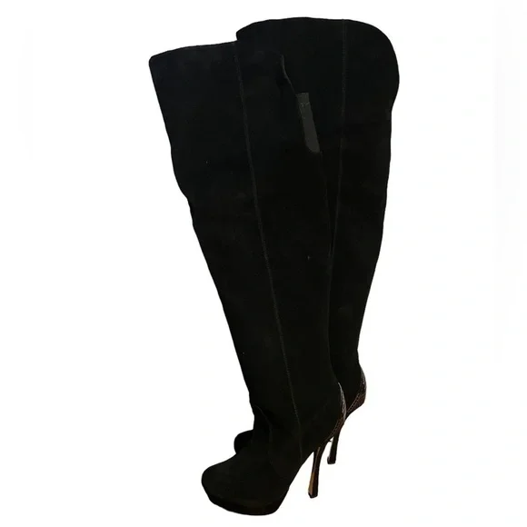H by Halston Vintage Black Leather Suede over the Knee Platform Heel Boots 7.5 - Picture 1 of 11